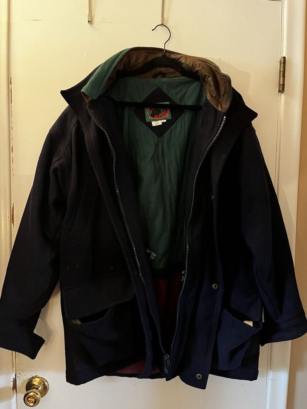 90s Vintage Boston Traders Navy Wool Barn Coat with Quilted Lining